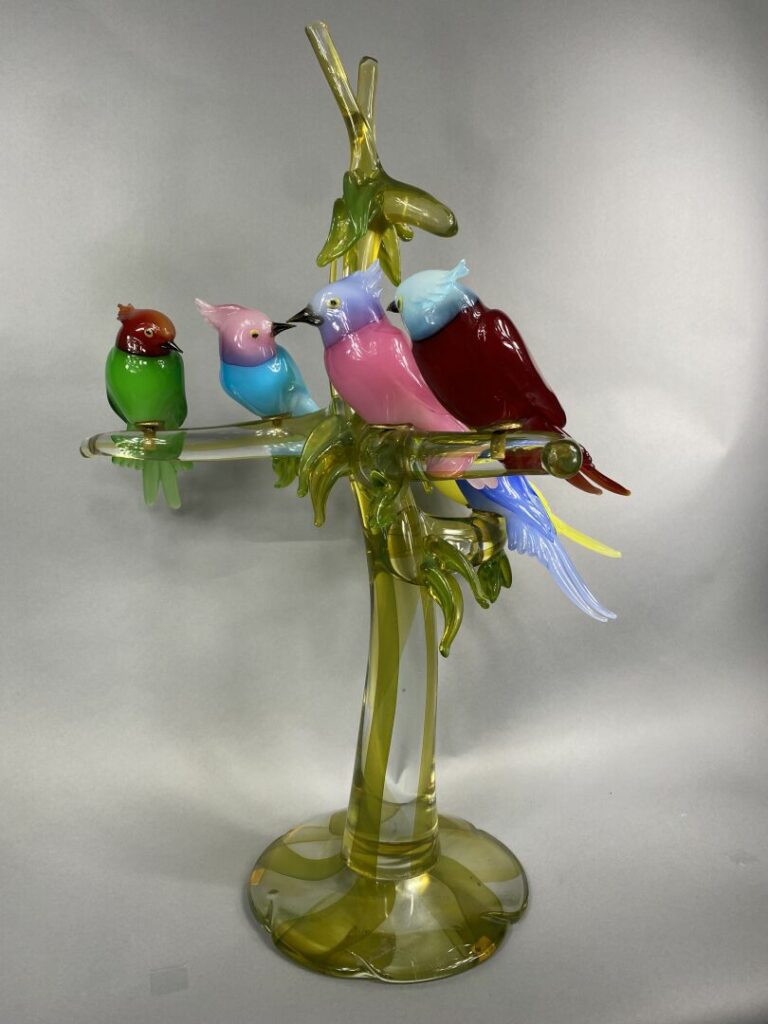 MURANO - Arbre en verre orné d'oiseaux exotiques branchés en verre polychrome -…