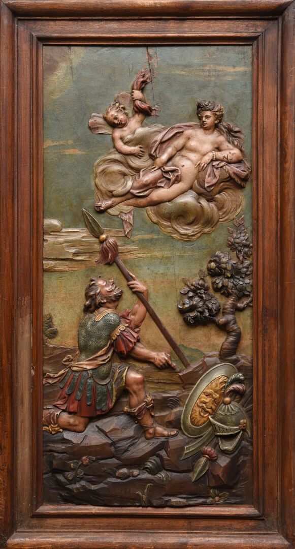 Suite de quatre panneaux en tilleul sculpté en bas-relief et polychromé représe…