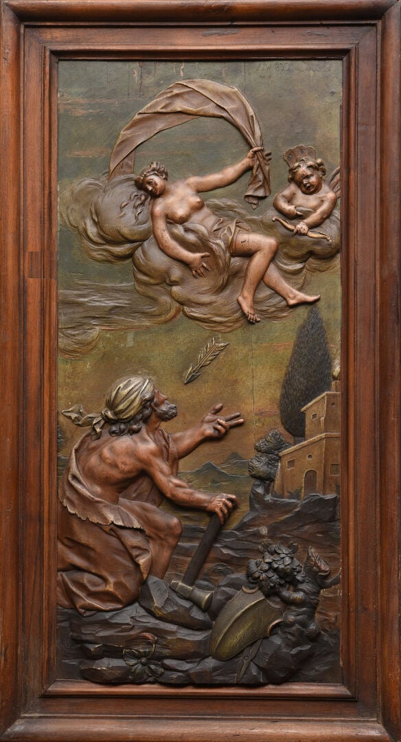 Suite de quatre panneaux en tilleul sculpté en bas-relief et polychromé représe…
