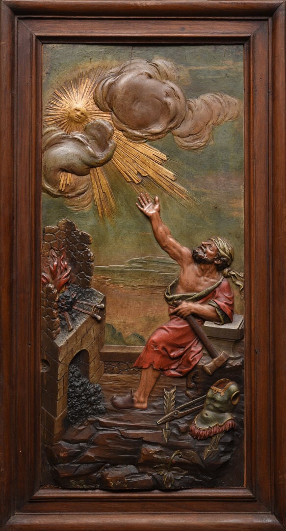 Suite de quatre panneaux en tilleul sculpté en bas-relief et polychromé représe…