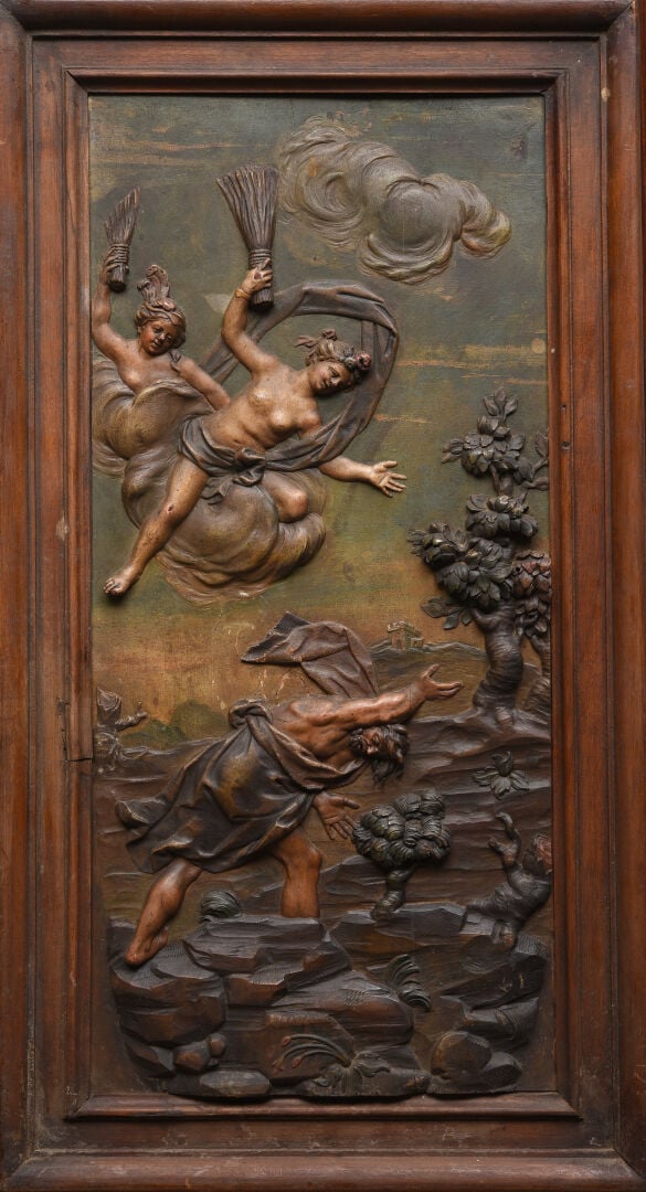 Suite de quatre panneaux en tilleul sculpté en bas-relief et polychromé représe…