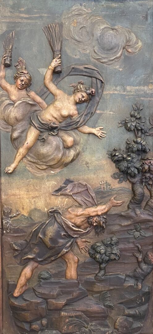 Suite de quatre panneaux en tilleul sculpté en bas-relief et polychromé représe…