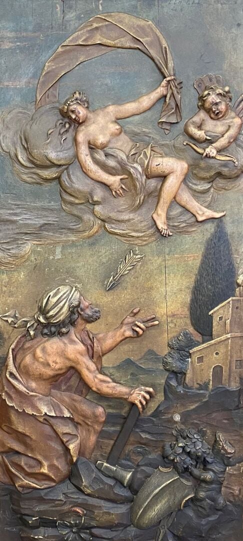 Suite de quatre panneaux en tilleul sculpté en bas-relief et polychromé représe…