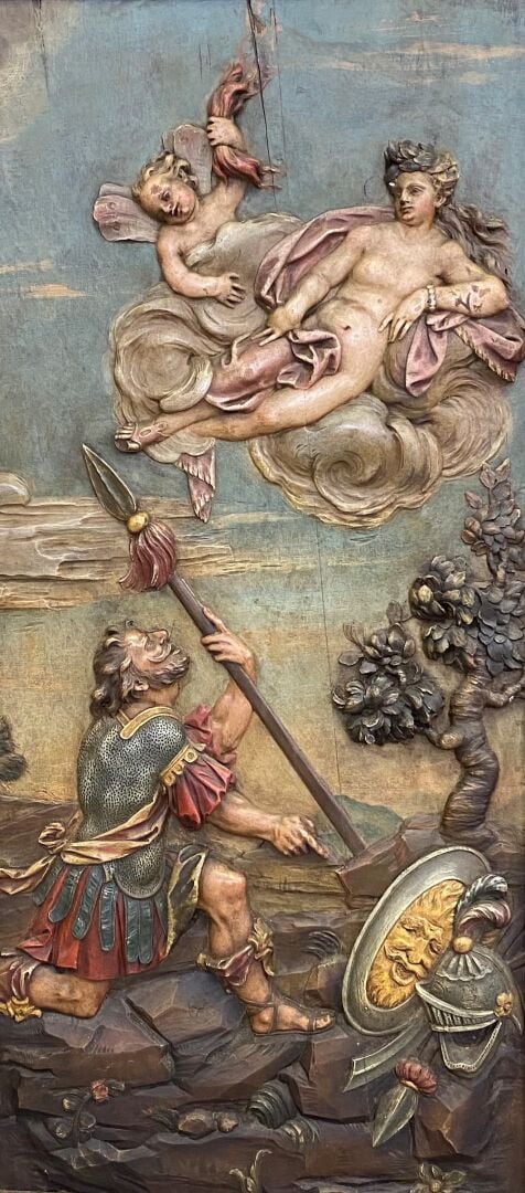 Suite de quatre panneaux en tilleul sculpté en bas-relief et polychromé représe…