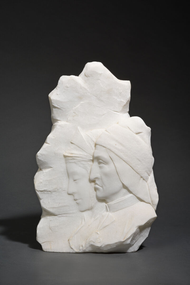 Emilio ZOCCHI (1835-1913) - Dante et Beatrice de profil - Groupe en marbre scul…