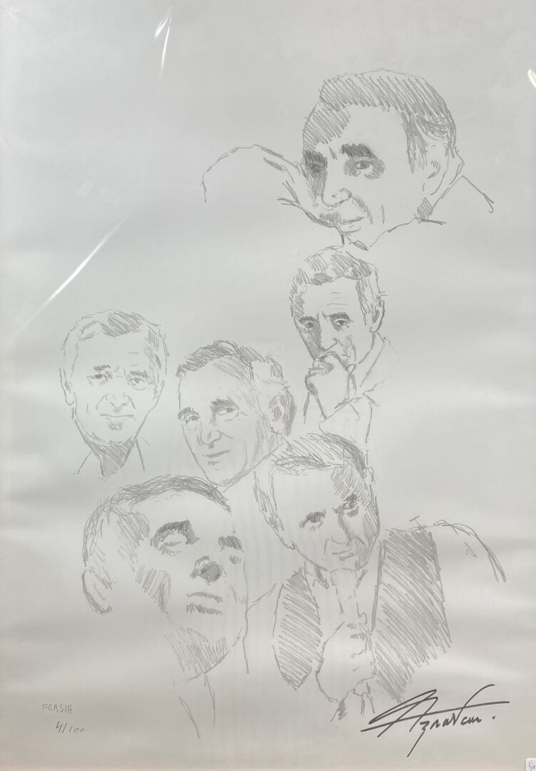 PERSIA (XXe siècle) - Portrait de Charles Aznavour - Lithographie - Signée en b…
