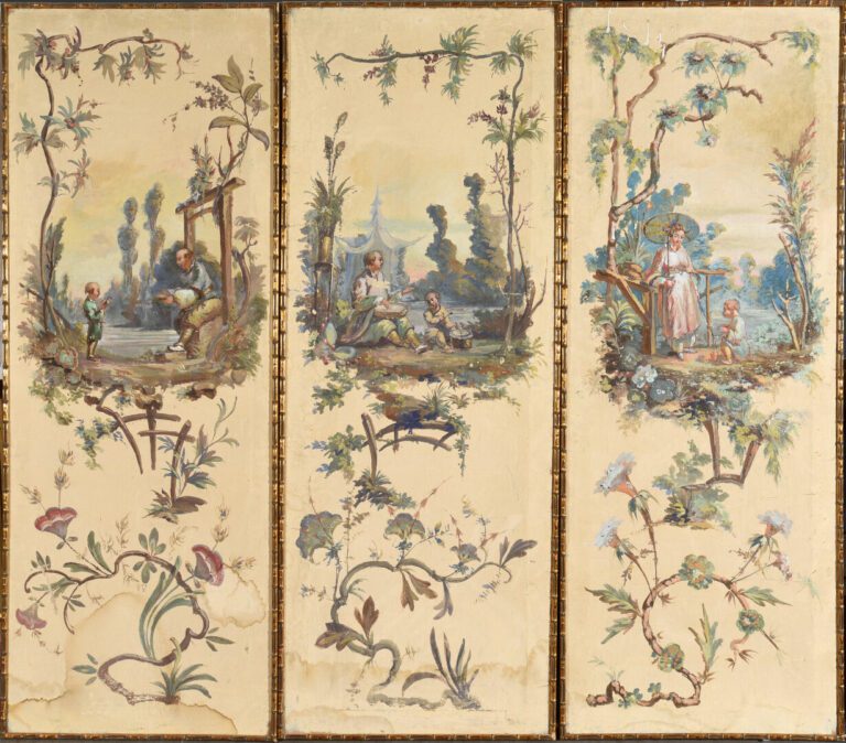 Eléments de paravent - Huile sur toile, figurant des chinoiseries - XIXe siècle…