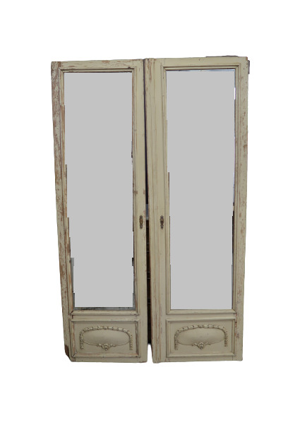 Deux portes vitrées en bois peint ornées de miroir - XIXe siècle - 193 x 55 cm…