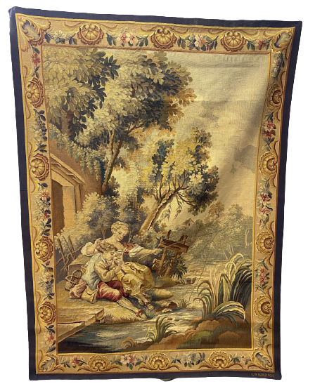 AUBUSSON, XIXe siècle - Tapisserie représentant une scène animée de jeunes pêch…