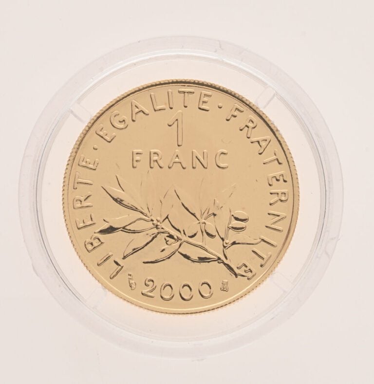 1 Franc Semeuse 2000. En or 750 °/°°, tirage à 5000 exemplaires. Diam : 24mm, P…