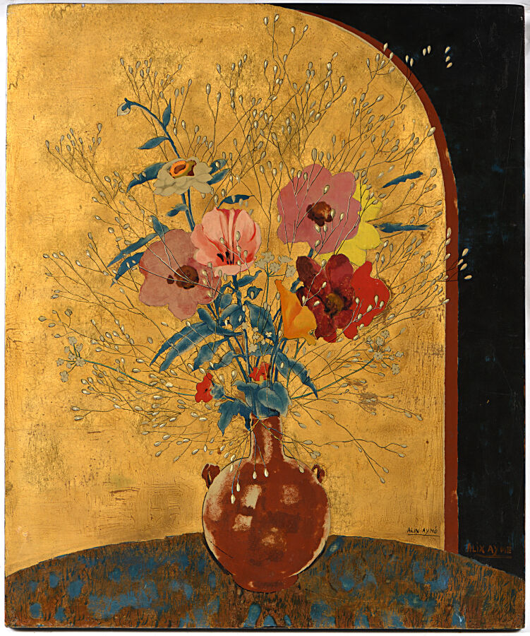 Alix AYME (1894-1989) Vase de fleurs sur un entablement. Laque et fond d'or sur…