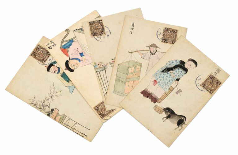 CHINE. Lot de 5 cartes postales dessinées et peintes à la main représentant des…
