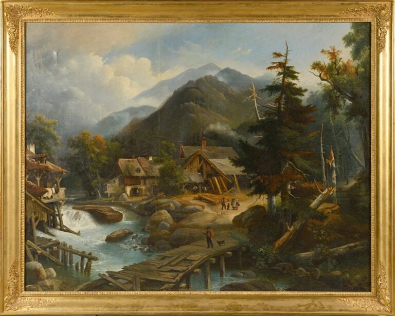 Ecole Française XIXème. Paysage de montagne animé de personnages près d'une riv…