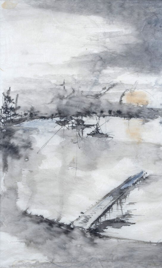 Ecole du XXème siècle Paysage à la jetée - Lavis d'encre et aquarelle 49 x 30 c…