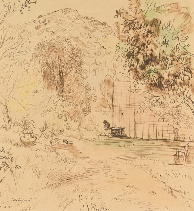 Edy LEGRAND (1892-1970). Vue de jardin. Encre brune sur papier. Signé en bas à…