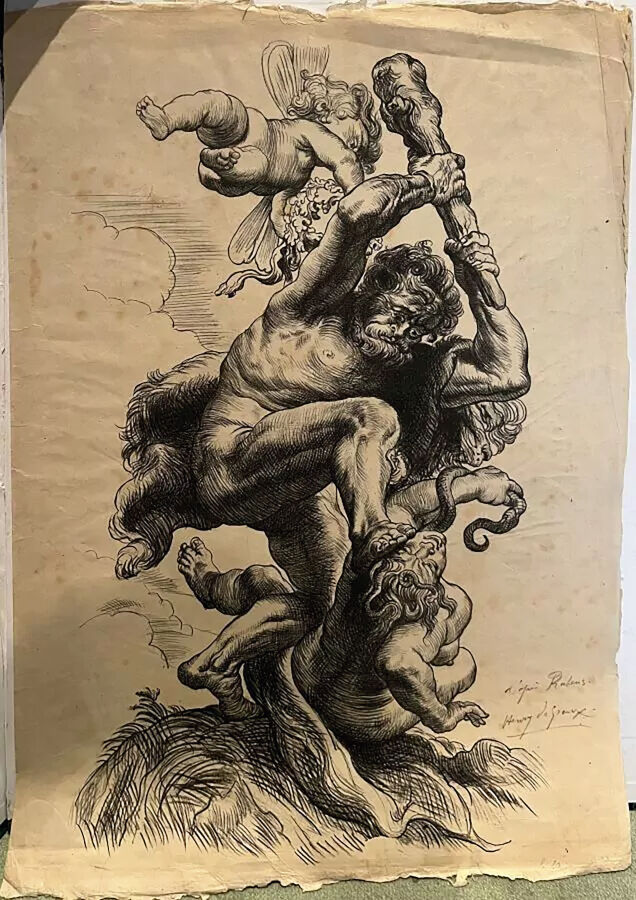 Henri de GROUX (1866-1930) - Hercule (d'après Rubens) - Fusain sur papier, sign…