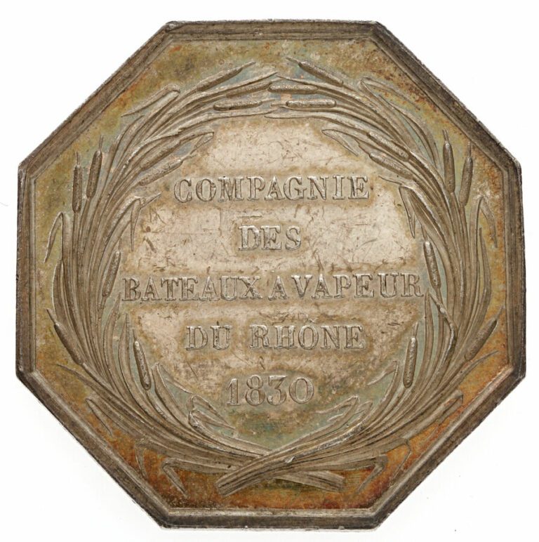 Jeton octogonal de la compagnie des Bateaux à Vapeur du Rhône, datée 1830. Grav…