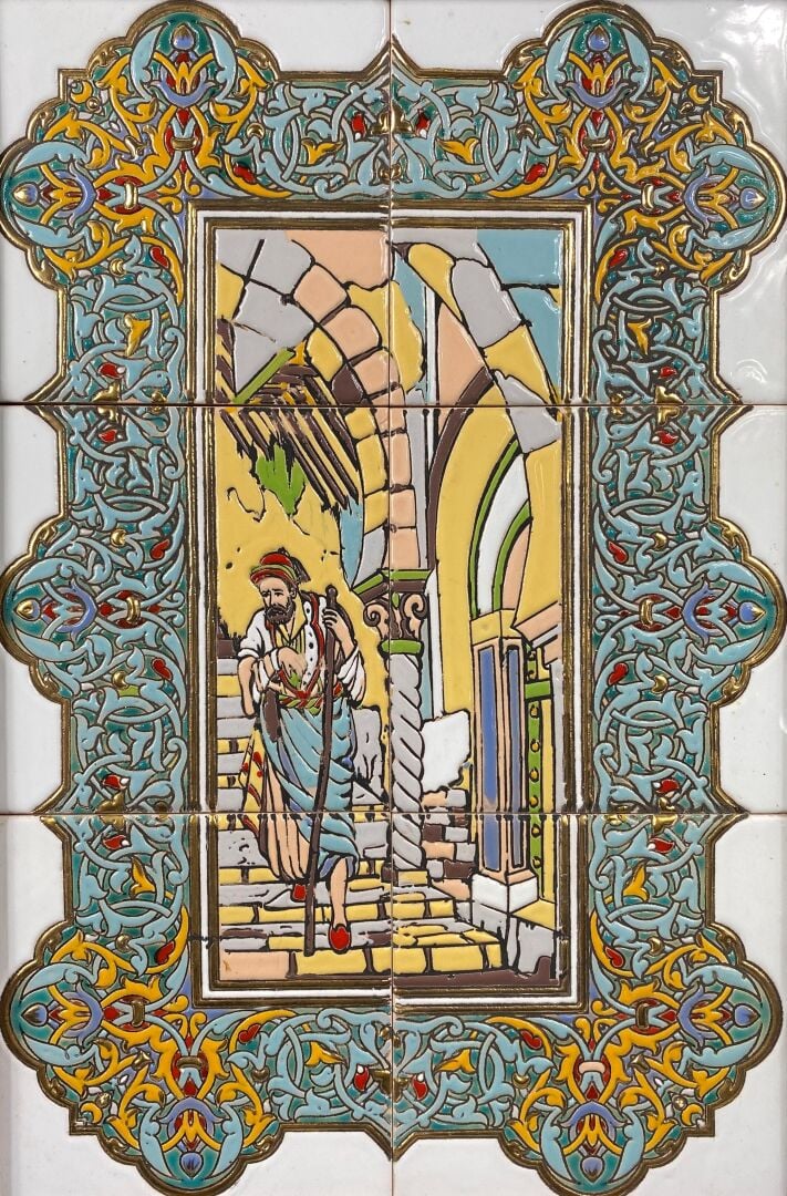 Trois plaques à carreaux en céramique à décor d'émaux polychromes représentant…