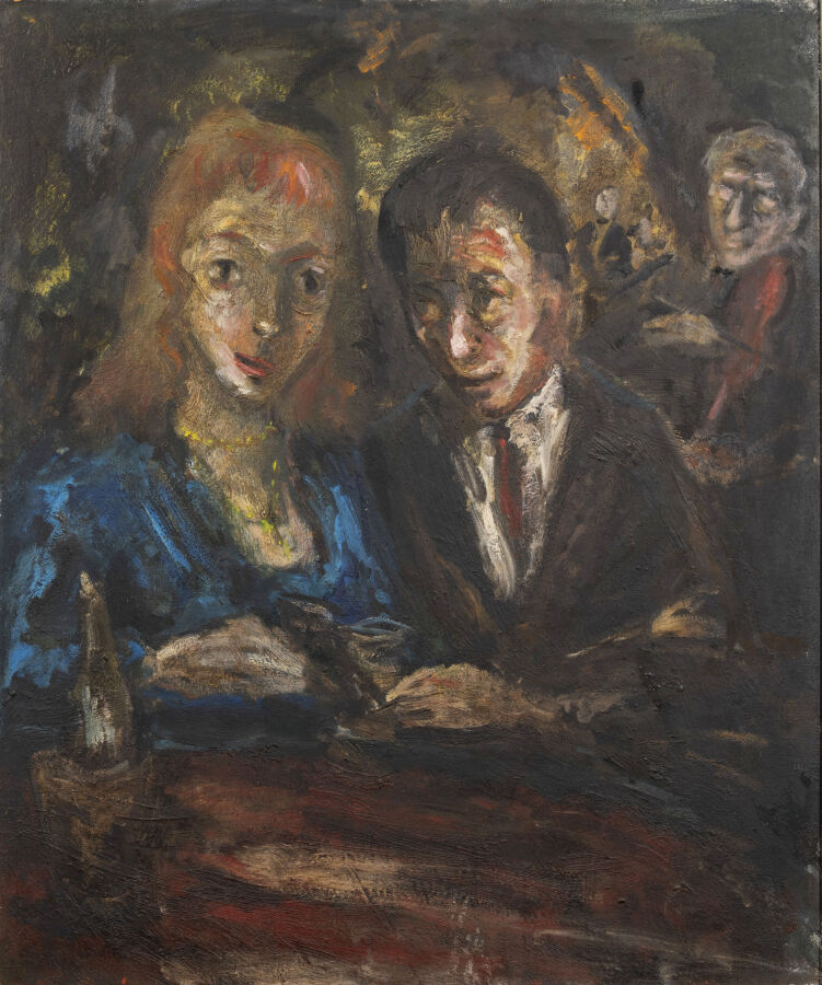 Zvi MILSHTEIN (1934-2020) - Couple au café - Huile sur carton, signée sur l'enc…