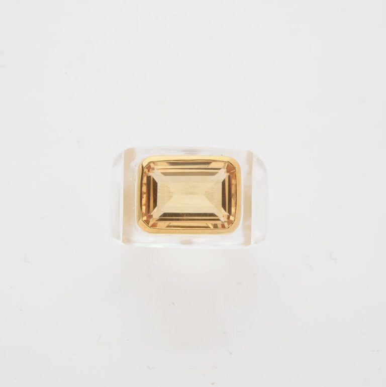 Bague cocktail en cristal de roche et vermeil (925) ornée d'une citrine de tail…