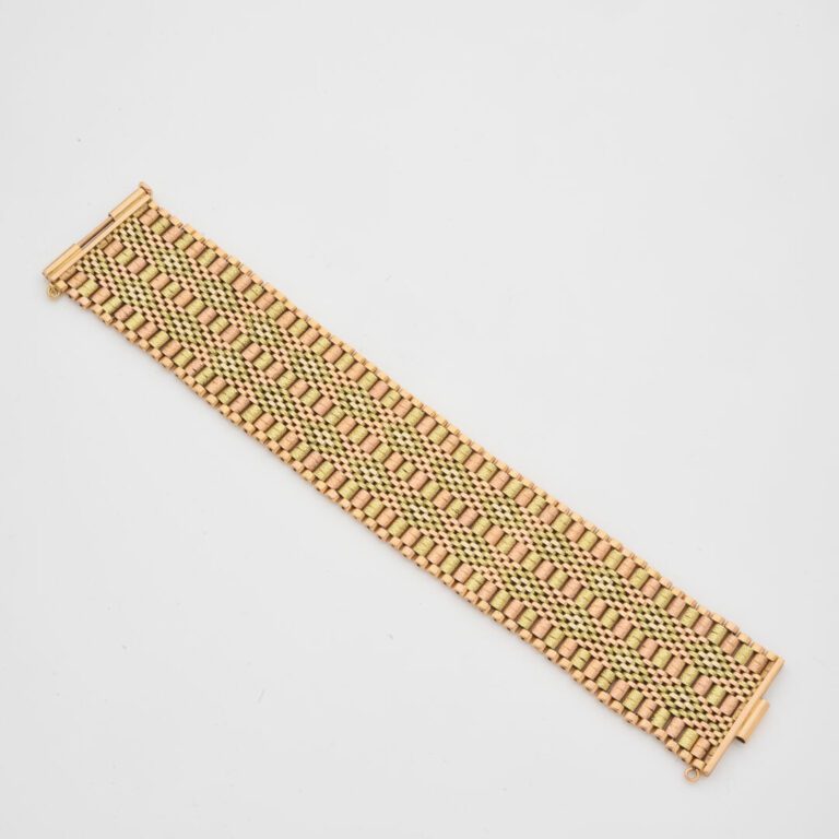 Bracelet ruban articulé à maille souple réversible en or (750) deux tons, un cô…