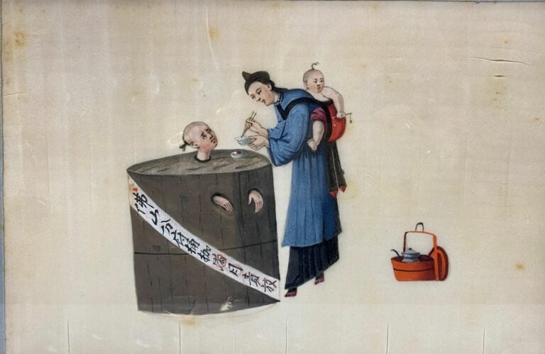 Chine, Canton - Ensemble de six gouaches sur papier de riz représentant des per…