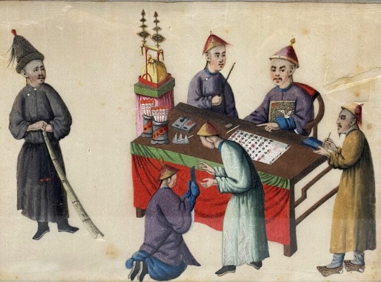 Chine, Canton - Ensemble de six gouaches sur papier de riz représentant des per…