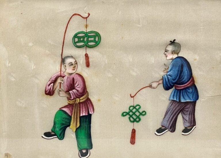 Chine, Canton - Ensemble de six gouaches sur papier de riz représentant des per…