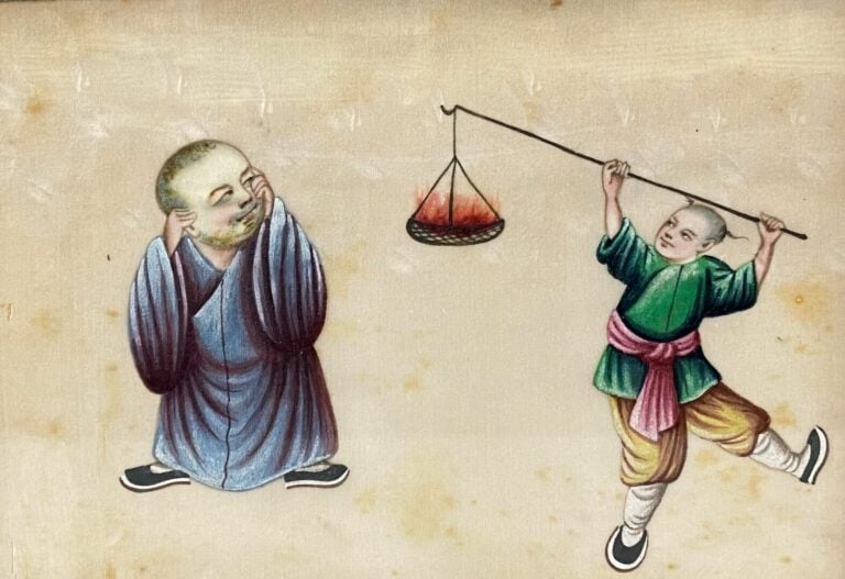 Chine, Canton - Ensemble de six gouaches sur papier de riz représentant des per…