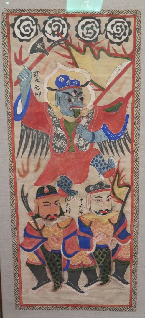 Chine - Deux gouaches sur papier formant pendants à décor de guerriers et drago…