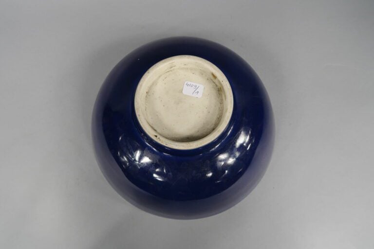 Chine - Grand bol en porcelaine bleu poudré à décor de carpes et écrevisse et f…