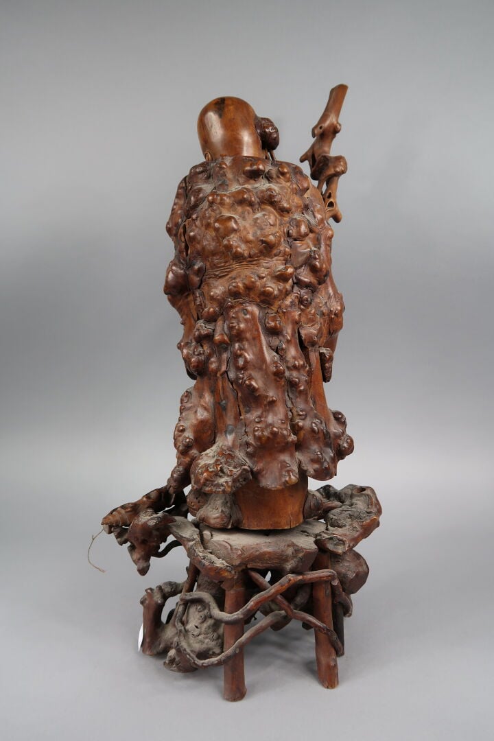 Chine - Grand sujet en racine sculptée à l'effigie de l'immortel Shou Laocse te…