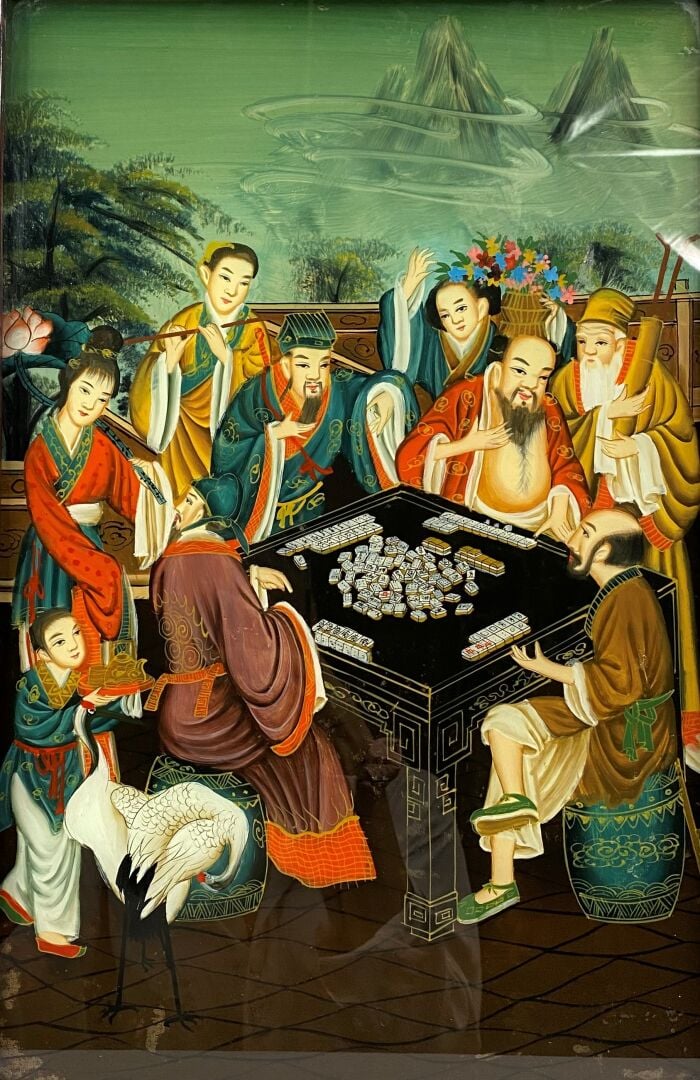 Chine, - Paire de peintures fixées sous verre représentant des jeunes femmes pé…