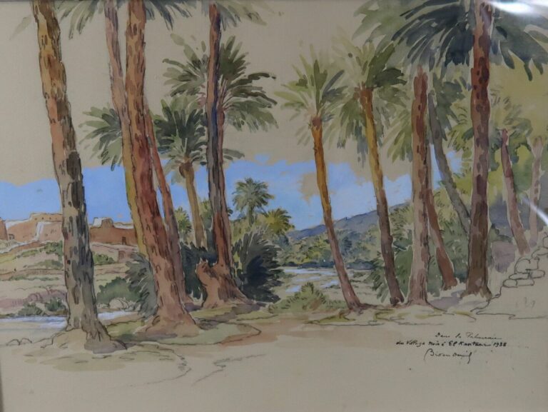Daniel BIDON (XXe siècle) - Dans la palmeraie, du village noir, El Kantara - Aq…