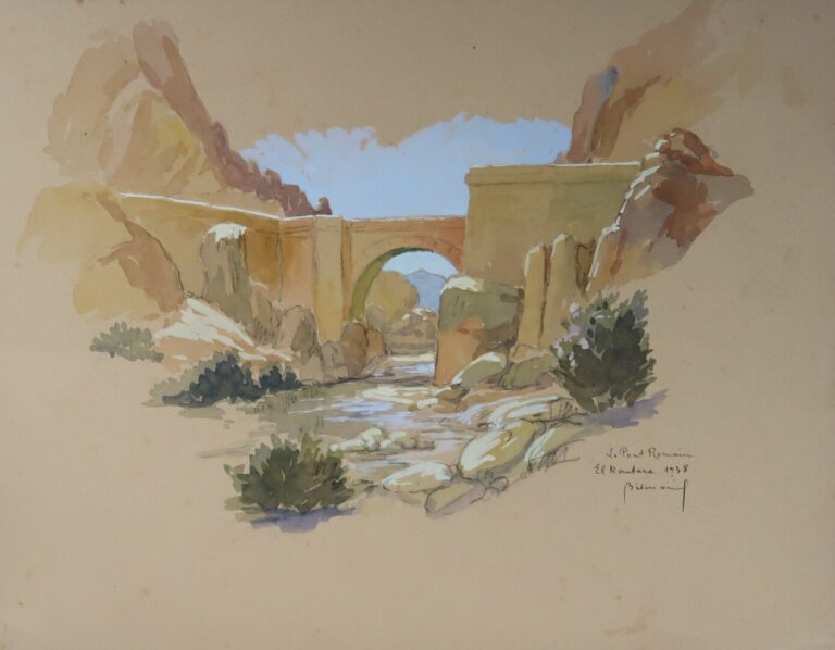 Daniel BIDON (XXe siècle) - Le pont romain, El kantara - Aquarelle - Signée, si…