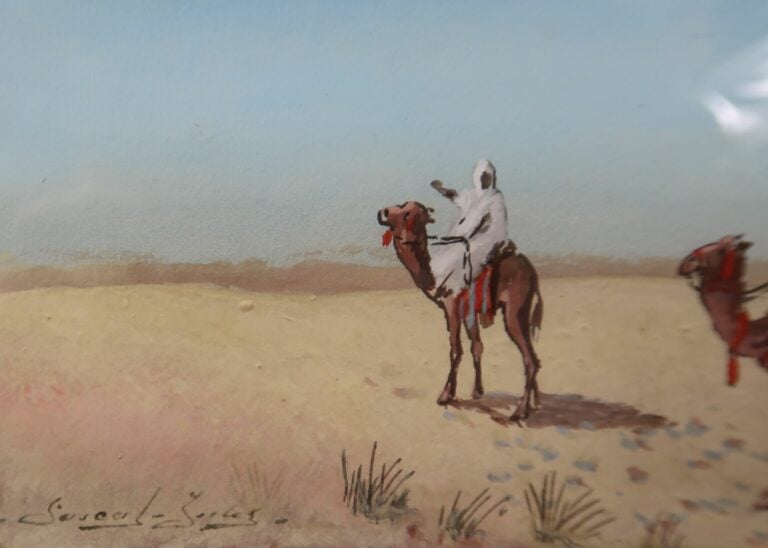 Ecole orientaliste - Deux chameliers dans un paysage désertique - Gouache sur p…