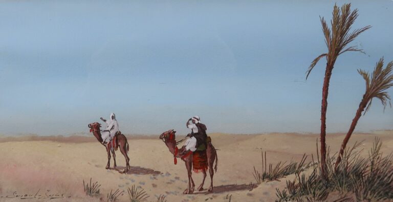 Ecole orientaliste - Deux chameliers dans un paysage désertique - Gouache sur p…