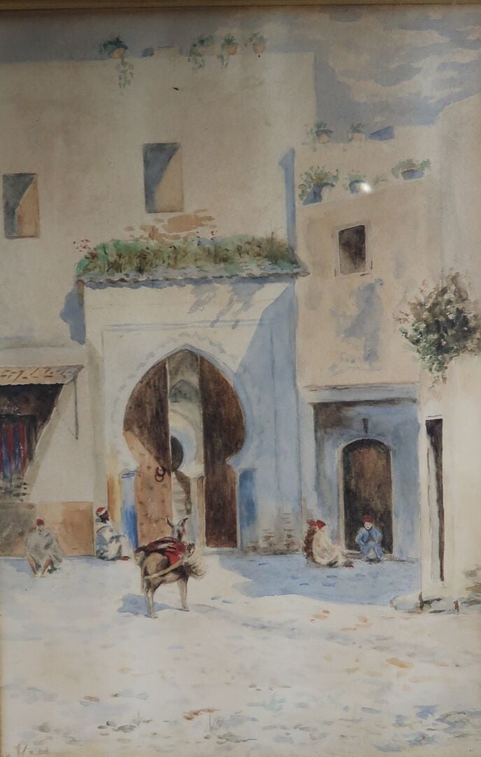 Ecole orientaliste - Scène animée de personnages et âne devant une porte - Aqua…