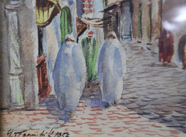 Ecole orientaliste - Scène de rue animée - Aquarelle sur papier - Signé en bas…