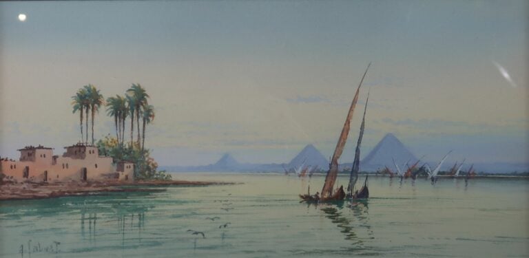 Ecole orientaliste - Vue de Médina et paysage - Lot de trois aquarelles et goua…