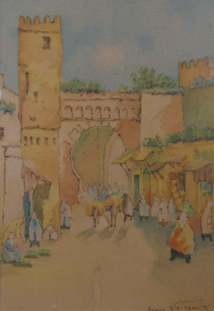 Ecole orientaliste - Vue de Médina et paysage - Lot de trois aquarelles et goua…