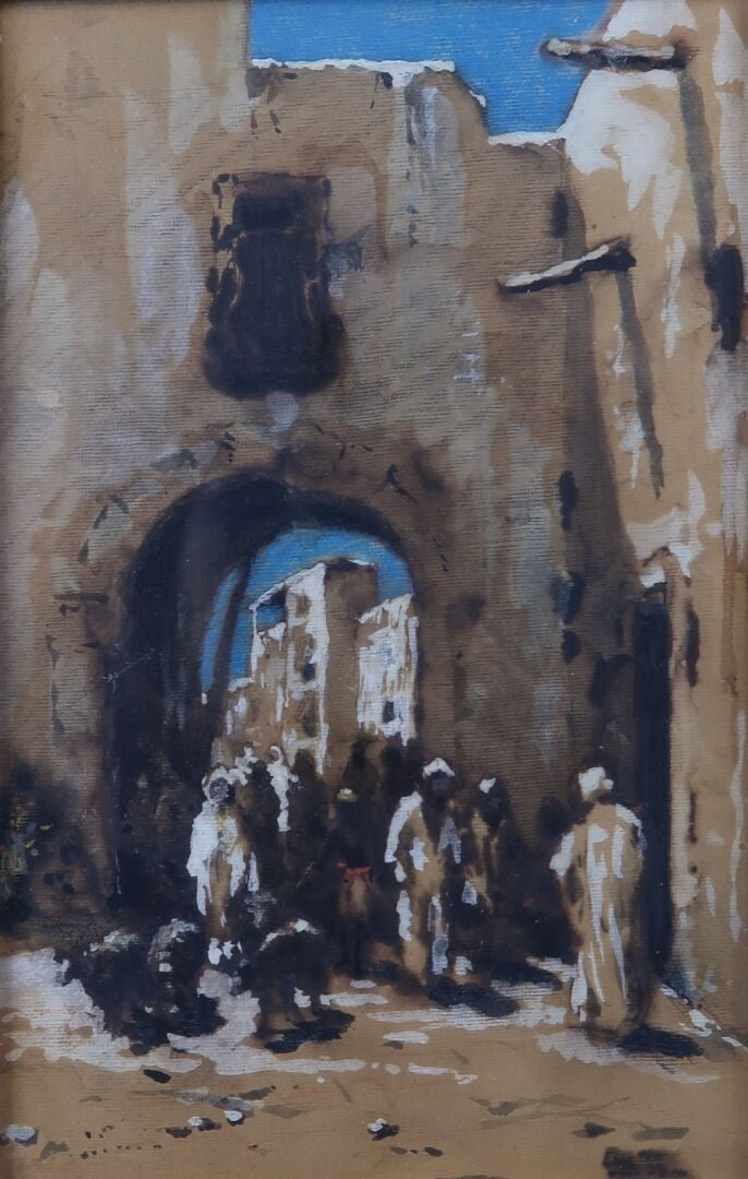 Ecole orientaliste - Vue de Médina et paysage - Lot de trois aquarelles et goua…