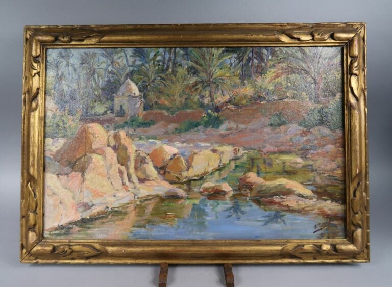 Ecole orientaliste - Vue de rivière - Huile sur carton - Signé en bas à droite…