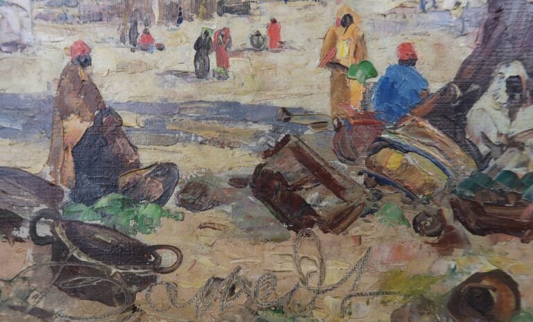Ecole orientaliste du XXe siècle - Marché d'un village marocain - Huile sur toi…