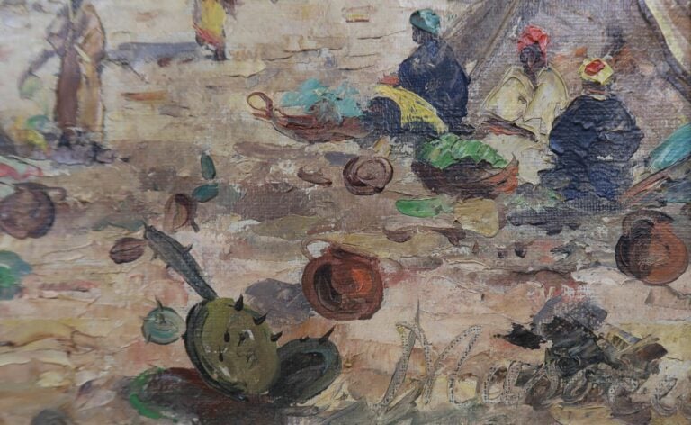 Ecole orientaliste du XXe siècle - Marché d'un village marocain - Huile sur toi…