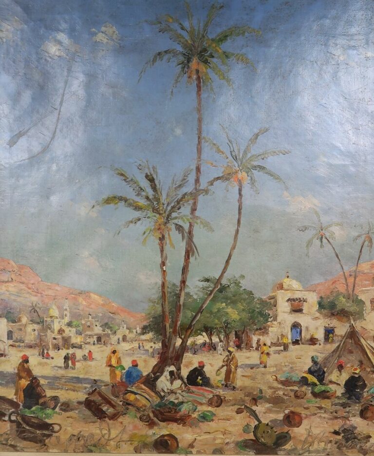 Ecole orientaliste du XXe siècle - Marché d'un village marocain - Huile sur toi…