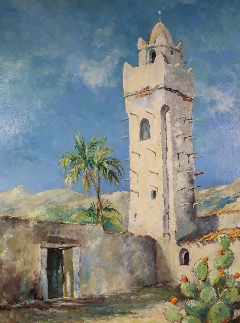 Ecole orientaliste du XXe siècle - Minaret sur fond de paysage - Huile sur pann…