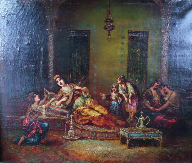 Ecole orientaliste du XXe siècle - Scène de harem - Huile sur toile - 54 x 65 c…