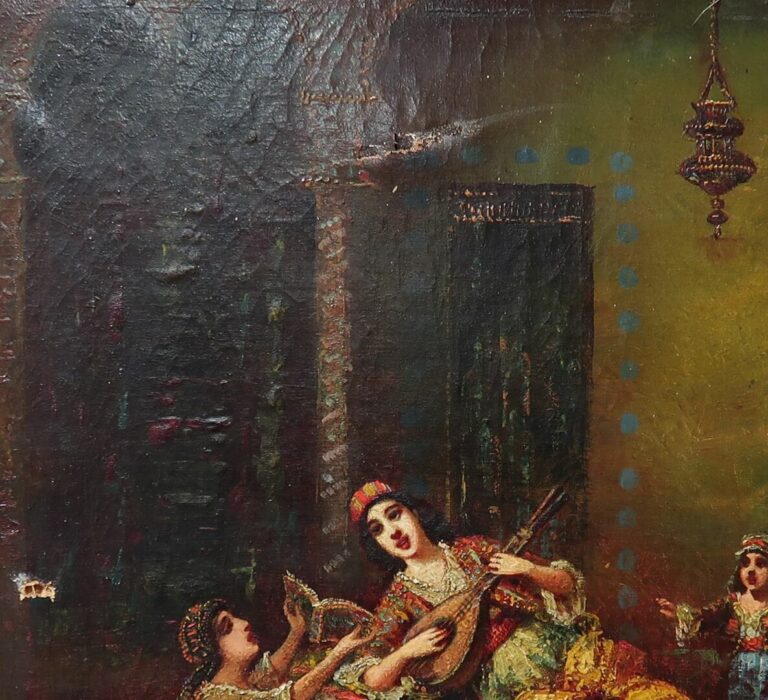 Ecole orientaliste du XXe siècle - Scène de harem - Huile sur toile - 54 x 65 c…