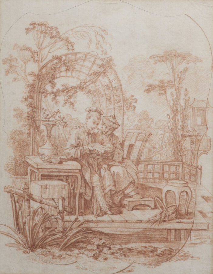 François BOUCHER (1703 - 1770) - Chinois et Chinoise lisant - Sanguine sur un p…